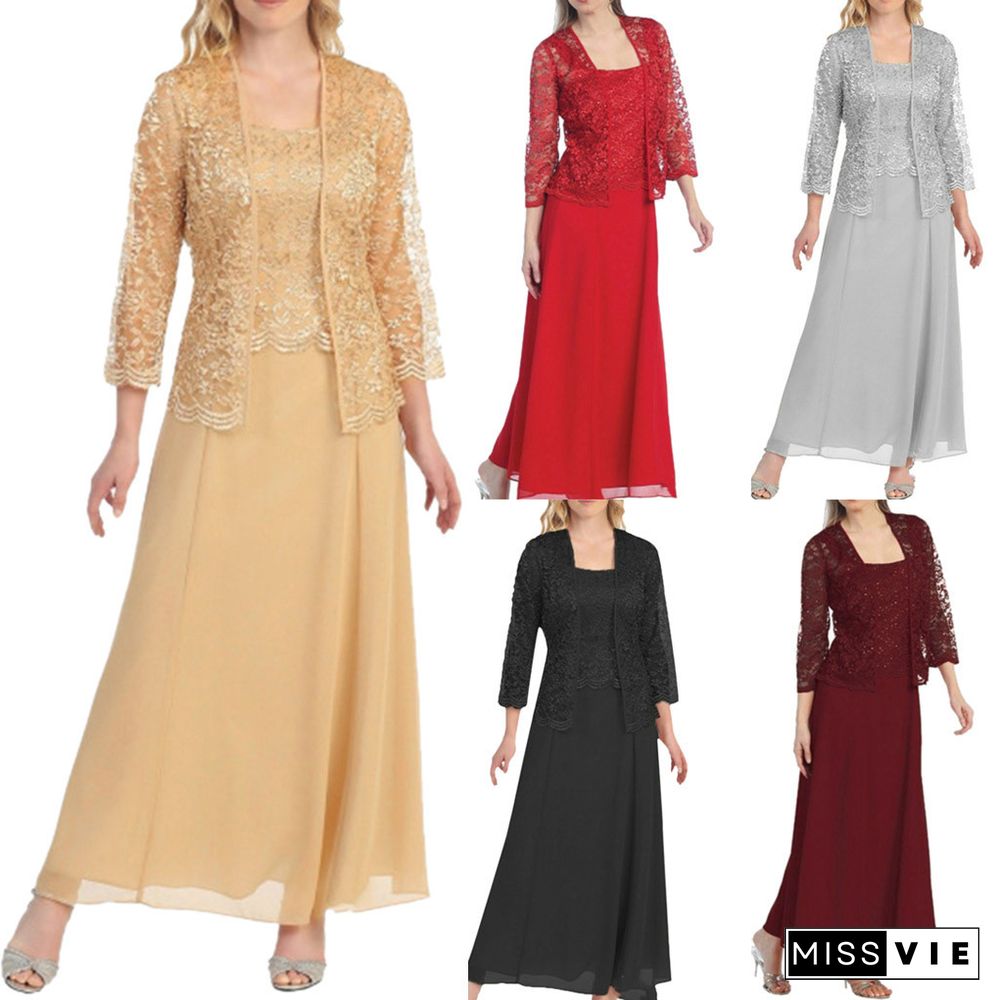 Plus Size 2-pieces Set Lace Cardigan Long Chiffon Dress Women Set