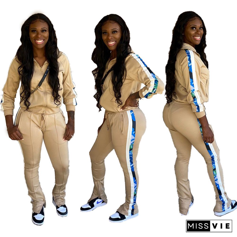 Side Striped Print Zip Sporty Jacket And Pants Set