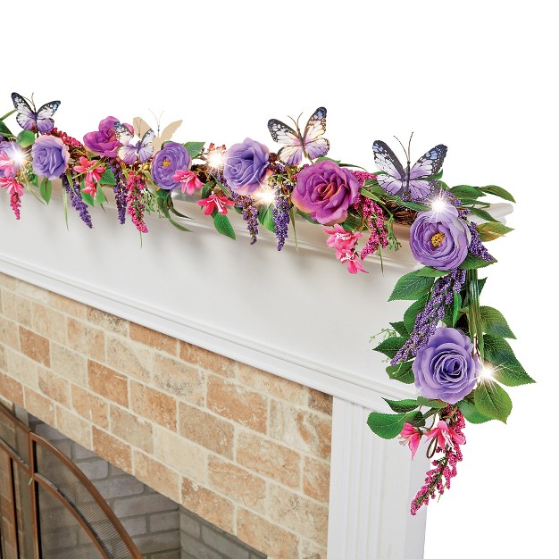 Collections Etc Led Lighted Purple Rose And Butterfly Garland