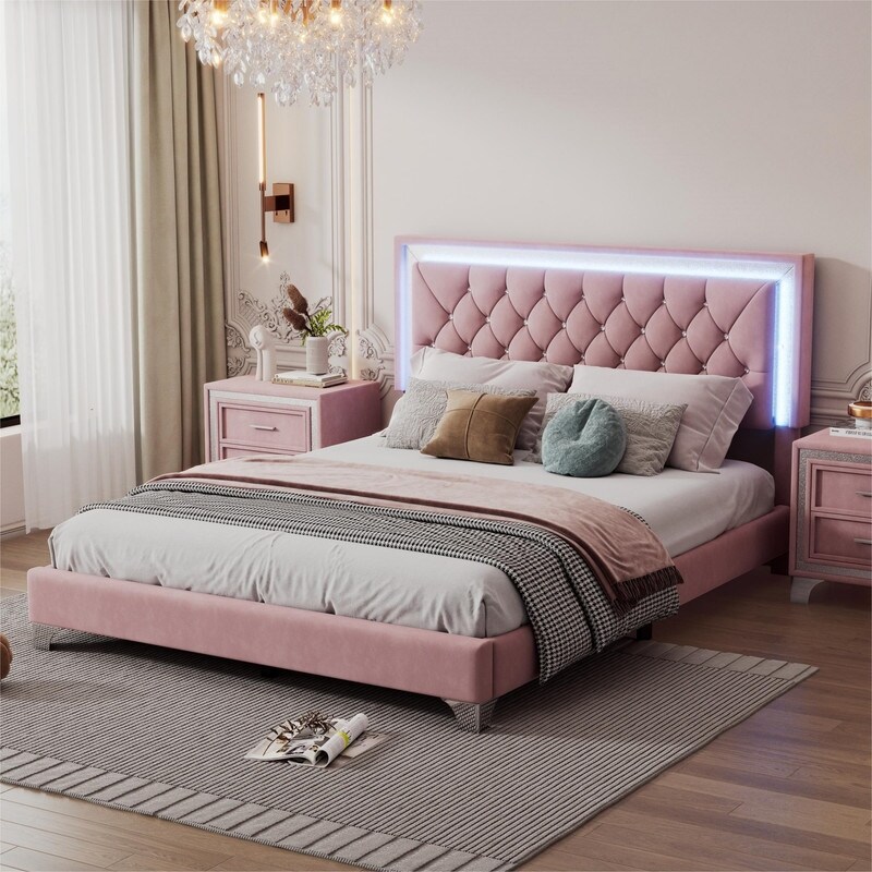 Queen Size Velvet Bed Frame with LED Lights  Upholstered  Upholstered Platform Bed with Crystal Tufted Headboard