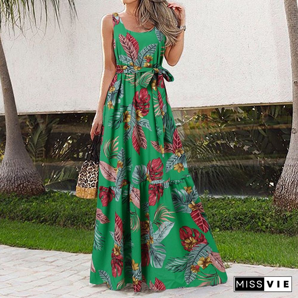 Summer Women Floral Printed Long Dress Sleeveless Bohemian Holiday Party Casual Pleated Maxi Dress Plus Size