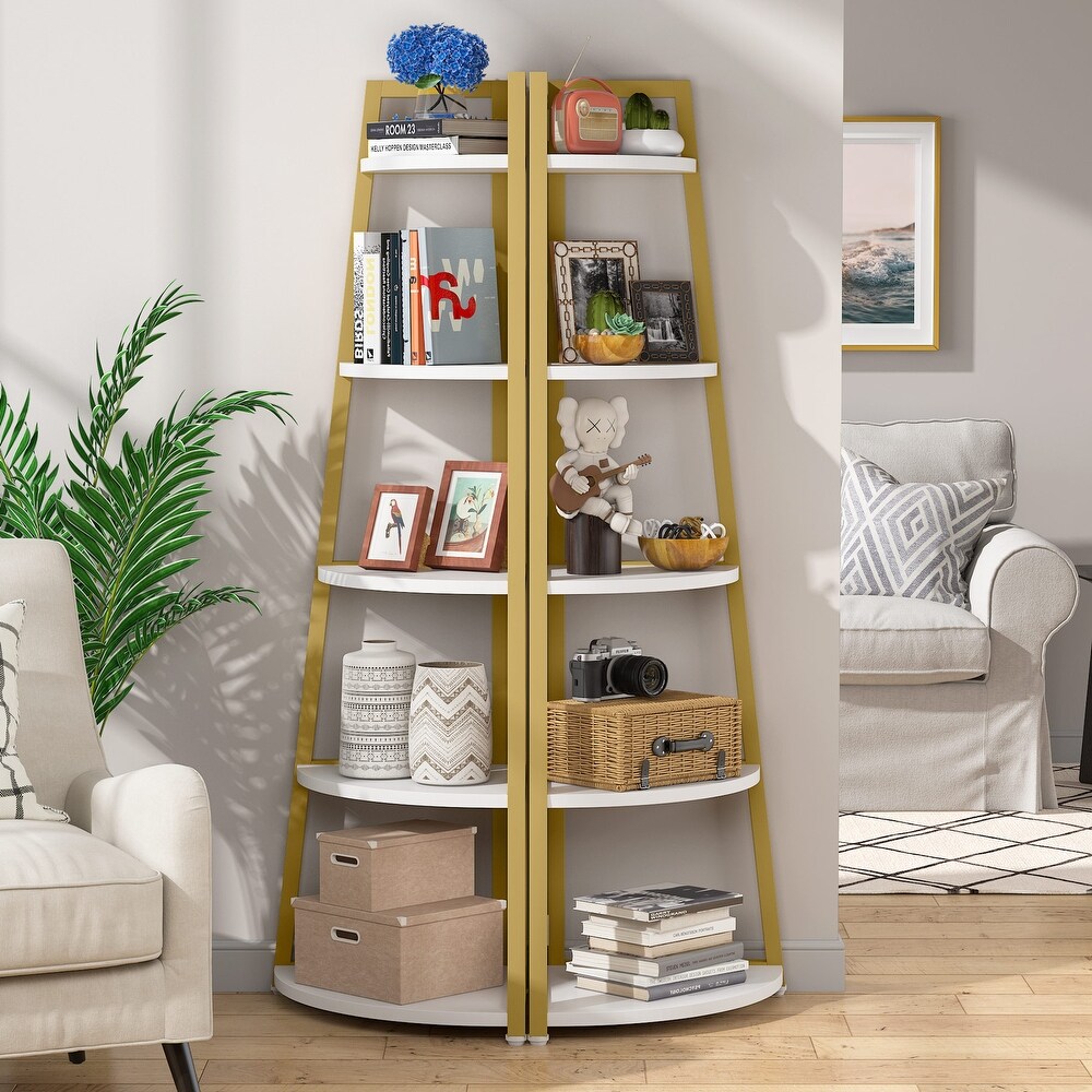 Brown/ Black Corner Ladder Shelf 5 Tier Corner Bookshelf Bookcase  White/ Gold 70 Inch Tall Display Rack for Small Space