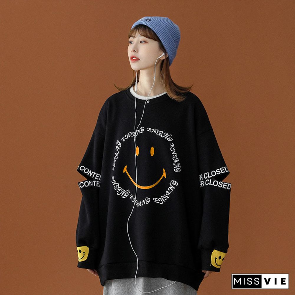 Smiley Letters Print Loose Sweatshirt