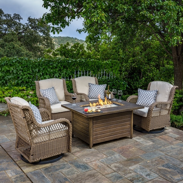 Rio Vista Sandstone Outdoor Wicker Seating Set with Fire Pit Table (5Piece)