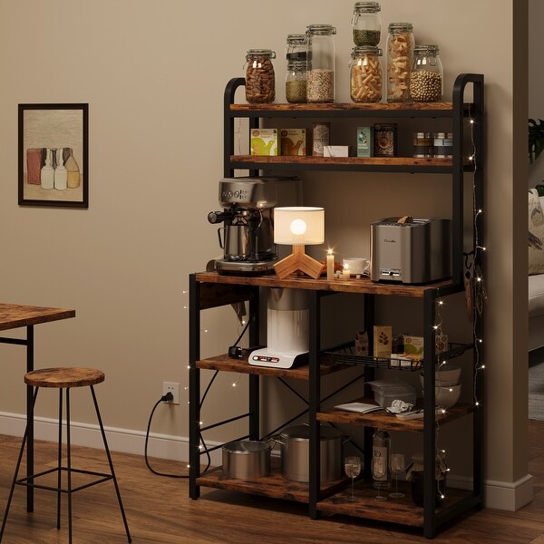 Bakers Rack with Power Outlet， Microwave Stand， Coffee Bar Table Station with Metal Wire Panel