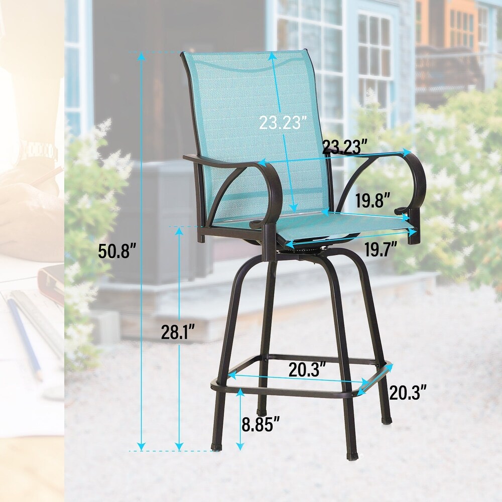 7 Piece Patio Bar Stool Set Wood grain Bar Table   Aqua Textilene Swivel Stools