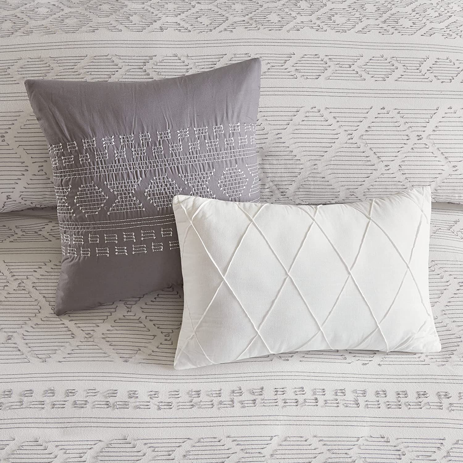 Lizbeth Cotton Comforter Set-Geometric Textured Clipped Jacquard Design, Cozy Cover, All Season Down Alternative Bedding, Sham, Decorative Pillow, King/Cal King, White/Grey 5 Piece