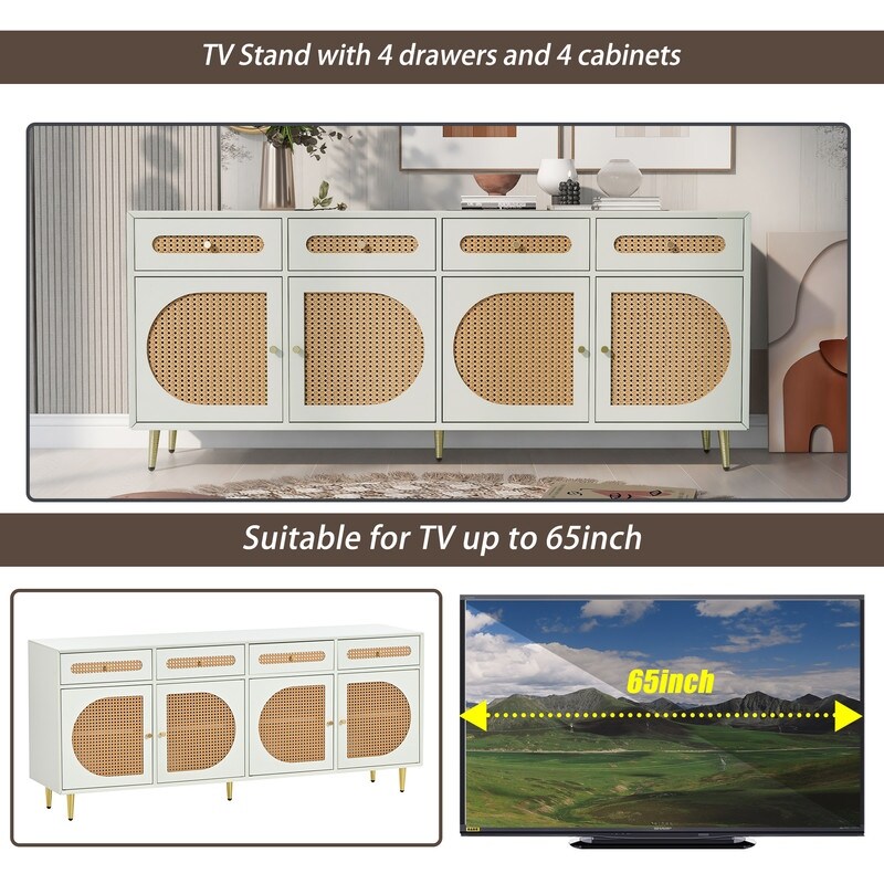 TV Stand with Rattan Door Woven Media Console Table for TVs up to 65\