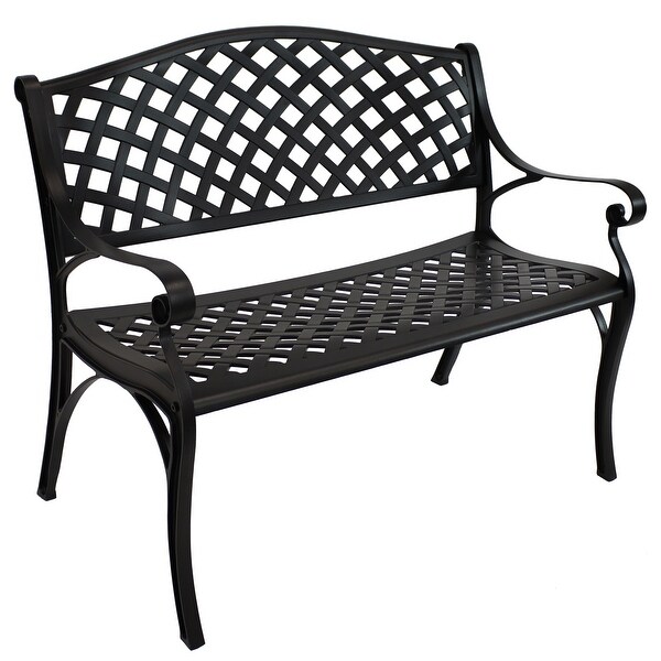 Sunnydaze 2Person Black Checkered Cast Aluminum Outdoor Patio Garden Bench