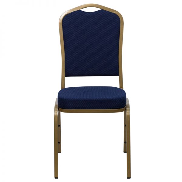 Flash Furniture HERCULES Series Crown Back Stacking Banquet Chair with Navy Blue Patterned Fabric and 2.5'' Thick Seat - Gold Frame