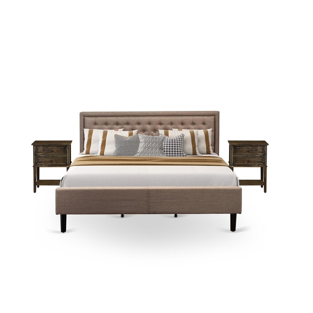 East West Furniture Bed Set   Platform Bed Dark Khaki Headboard with Bedroom Nightstand   Black Finish Legs(Pieces Options)