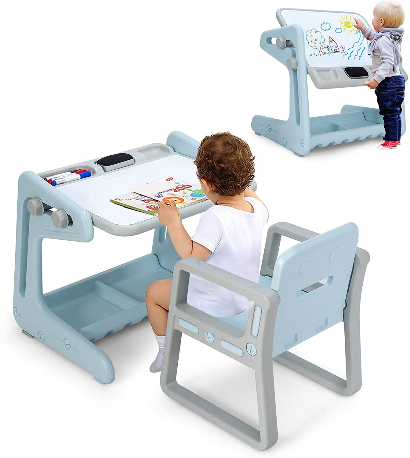 Costzon 2 in 1 Kids Table & Chair, Art Easel w/Adjustable Magnetic Painting Board, Storage Space