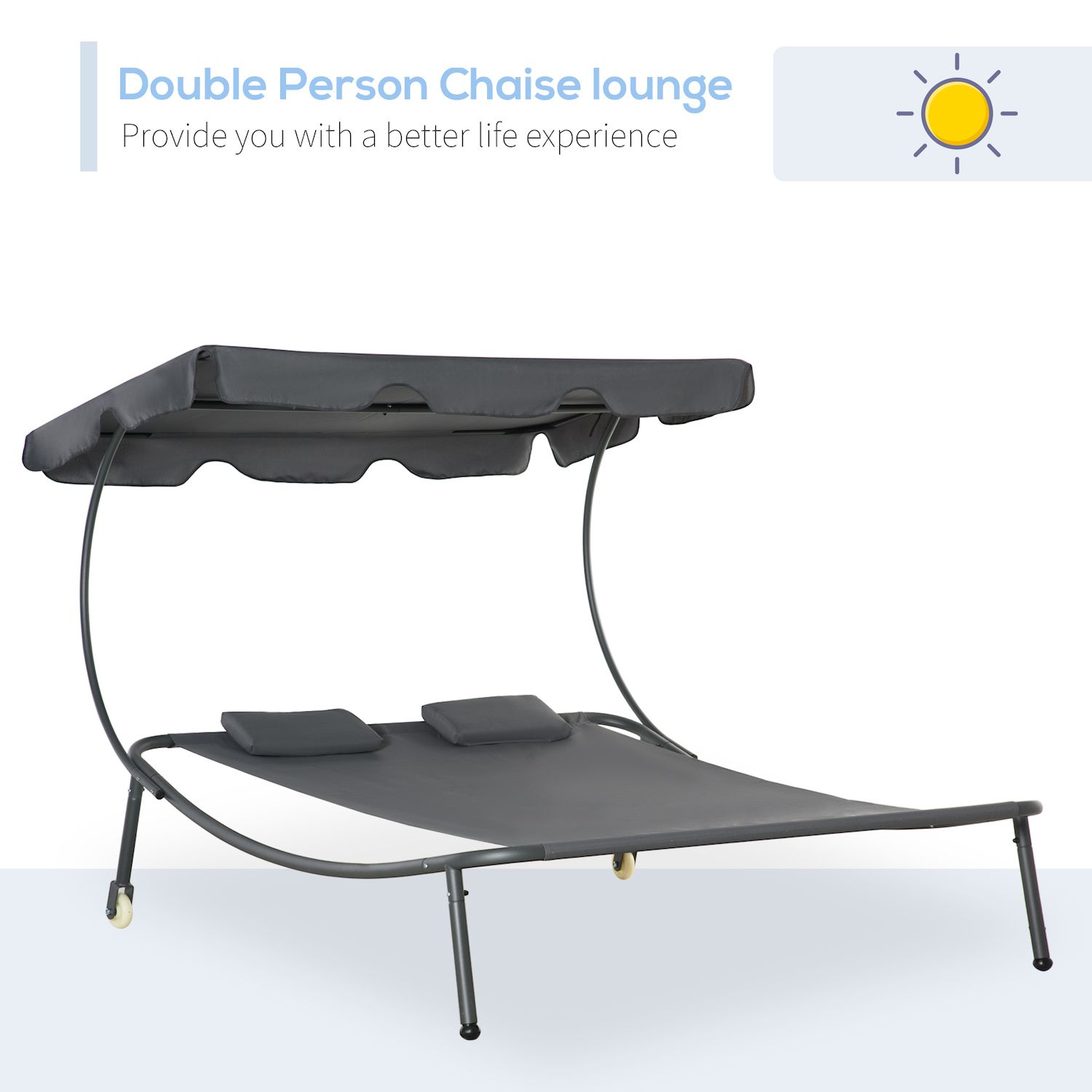 Outsunny Patio Double Chaise Lounge Chair， Outdoor Wheeled Hammock Daybed with Adjustable Canopy and Pillow for Sun Room， Garden， or Poolside， Grey