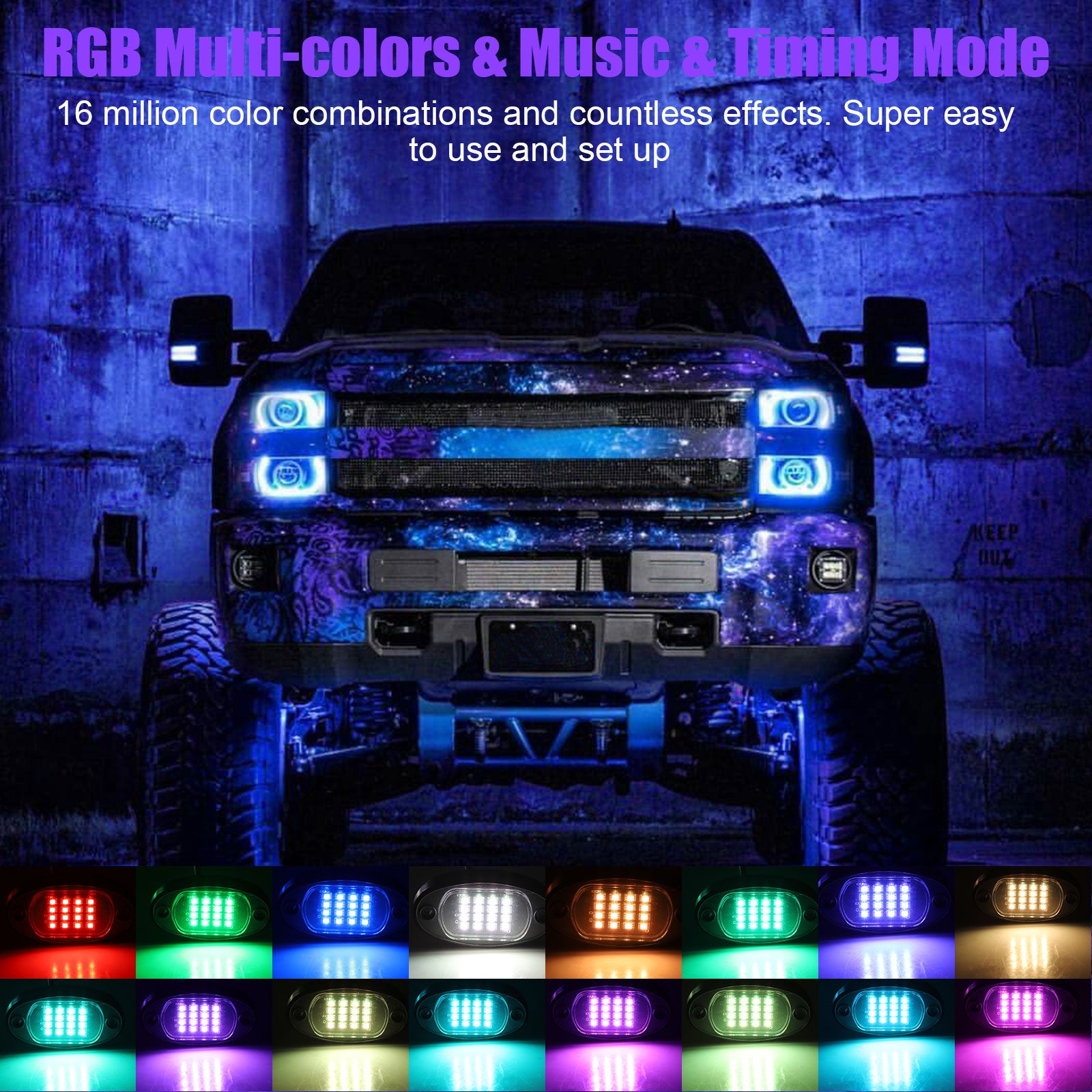 Truck LED Rock Lights， TSV 64 LEDs Multi-Color Truck Bed Light Kit with Remote Controller， Waterproof RGB Under Body LED Truck Bed Lighting for 12V Cars Pickup Truck， RV， SUV