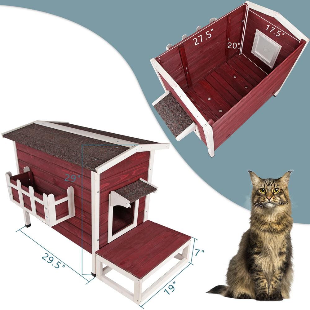 Red Solid Wood Cat House Larger Design for 3 Adult Outdoor Cats Weatherproof CATTHHHHOUS-2