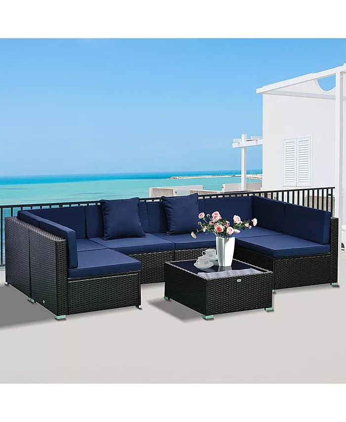 Outsunny 7-Piece Patio Furniture Sets Outdoor Wicker Conversation Sets All Weather PE Rattan Sectional sofa set with Cushions and Tempered Glass Desktop Dark Blue