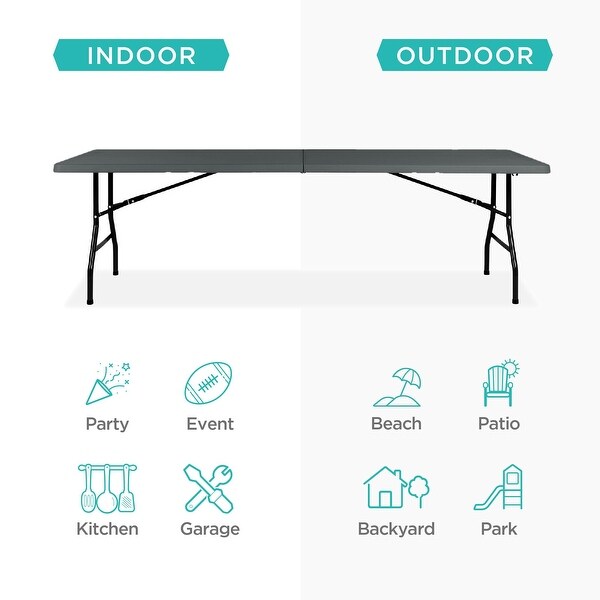 8ft Plastic Folding Table，Indoor Outdoor Heavy Duty Portable w/Handle，Lock for Picnic，Party，Pong，Camping