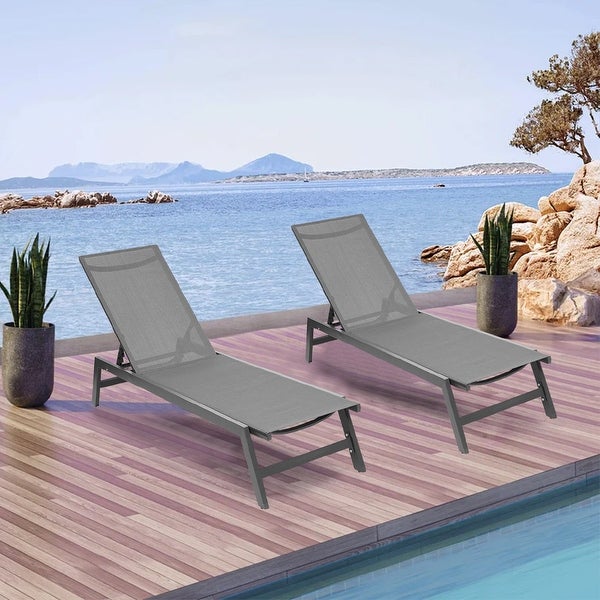 2-Piece Gray Metal Outdoor Chaise Lounge Chairs with Five-Position Adjustable