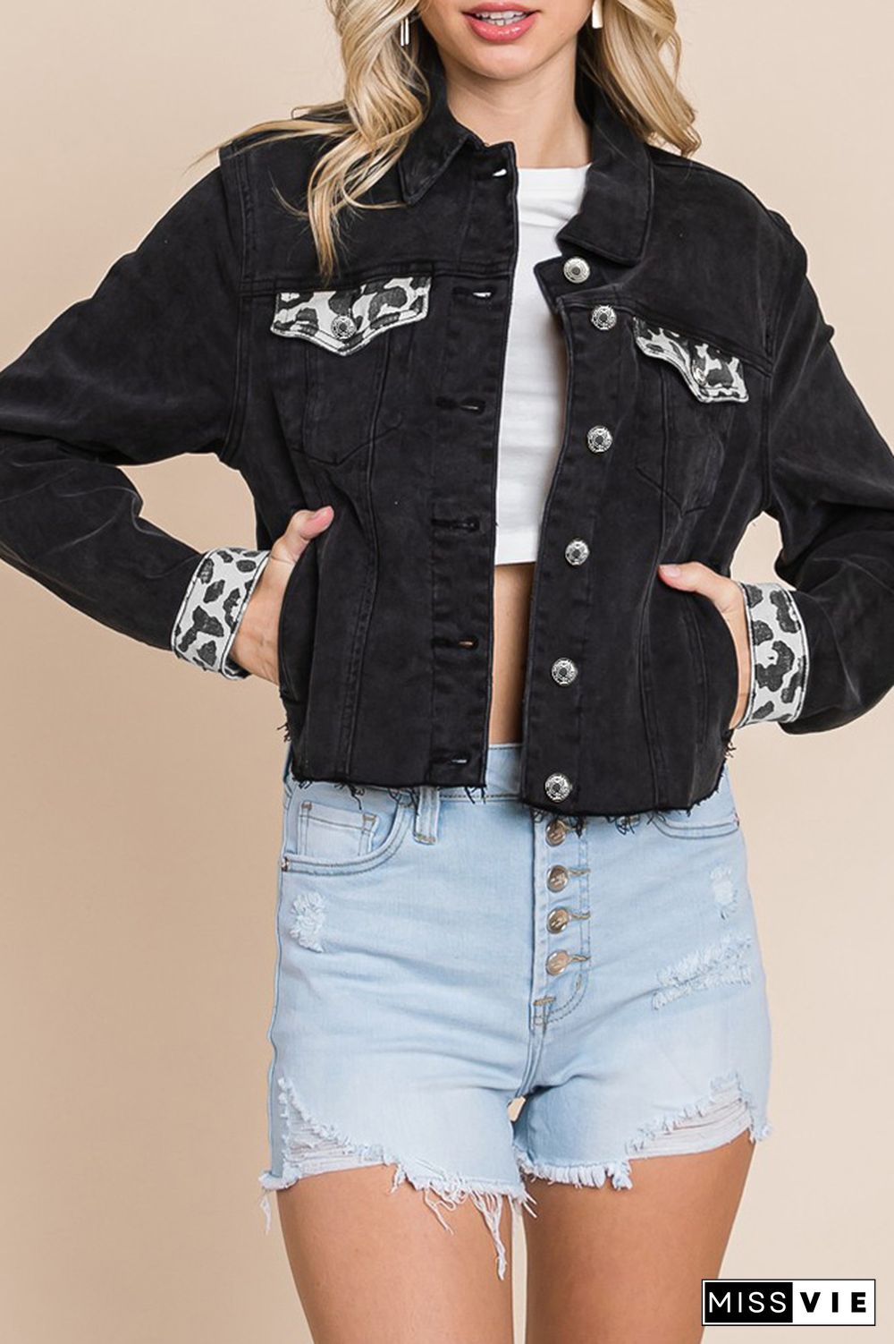 Black Leopard Splicing Open Button Denim Jacket