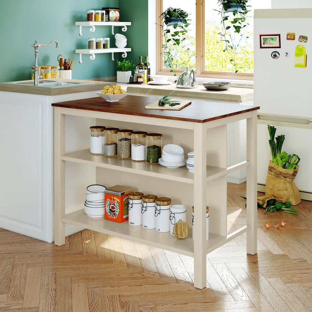 Polibi 45 in. Rectangle Rustic Walnut Wood Top with Cream White Wood Frame Butcher Block Kitchen Island SP-WY45R-AAD