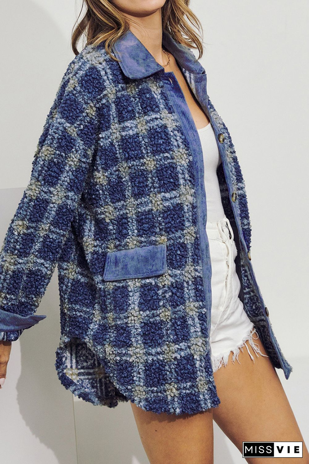 Plaid Open Button Pockets Sherpa Jackets