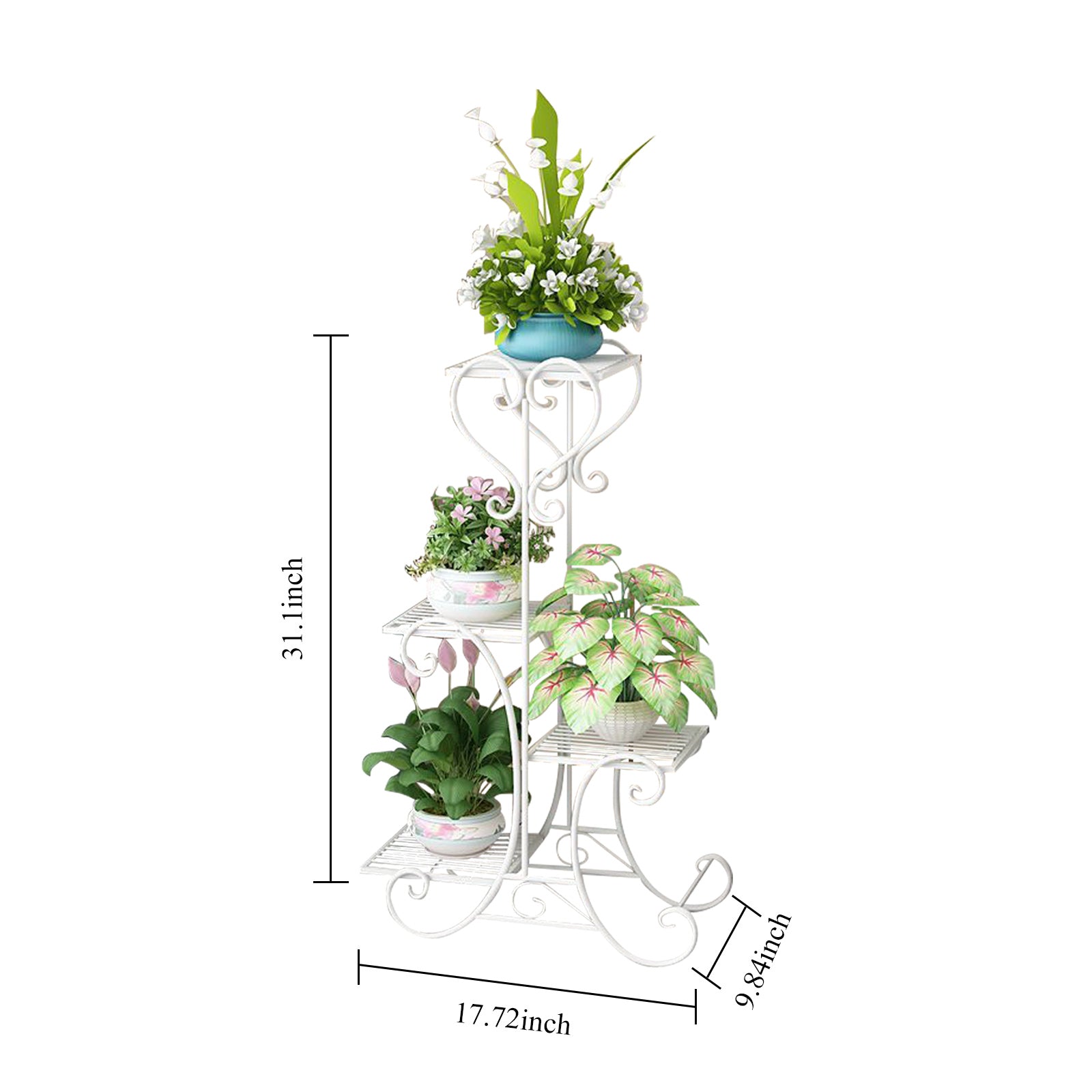 4 Tiers Metal Plant Stand for Indoor Outdoor, White Rustproof Flower Pot Stand Rack with Racks, Display Shelf Planter Shelves Organizer for Patio Balcony Garden Living Room