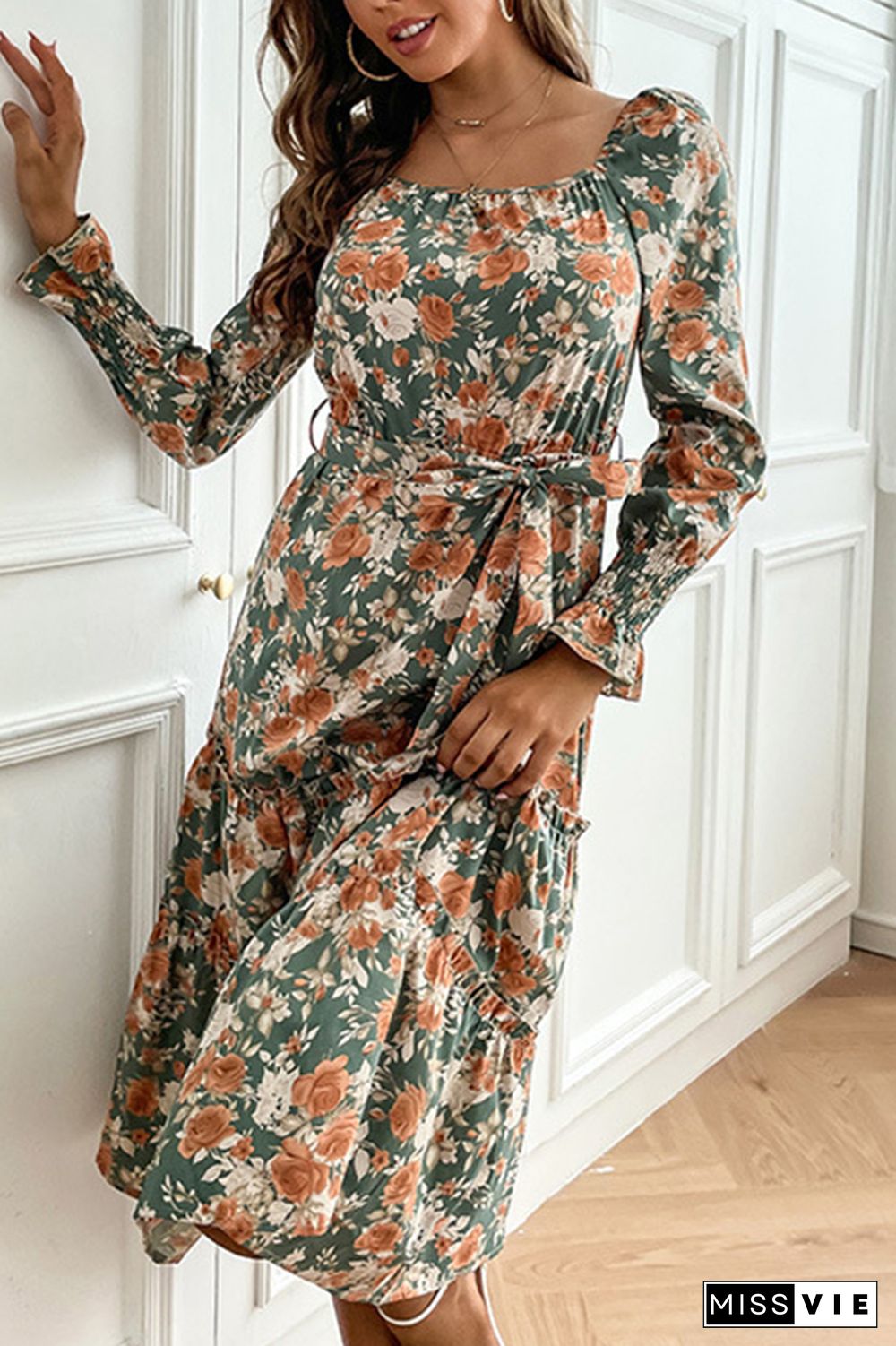 Printed Square-cut Collar Flounces Longsleeves Floral Dress Wholesale