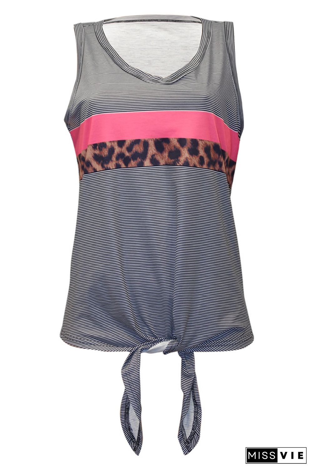 Pin Stripe Leopard Color Block Front Tie Tank Top