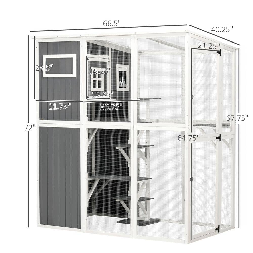 PawHut Walk-in Catio Outdoor Cat Enclosure Large for Multiple Cats of Any Size, 7 Jumping Platforms & Divided Den, Gray D32-016V00CG