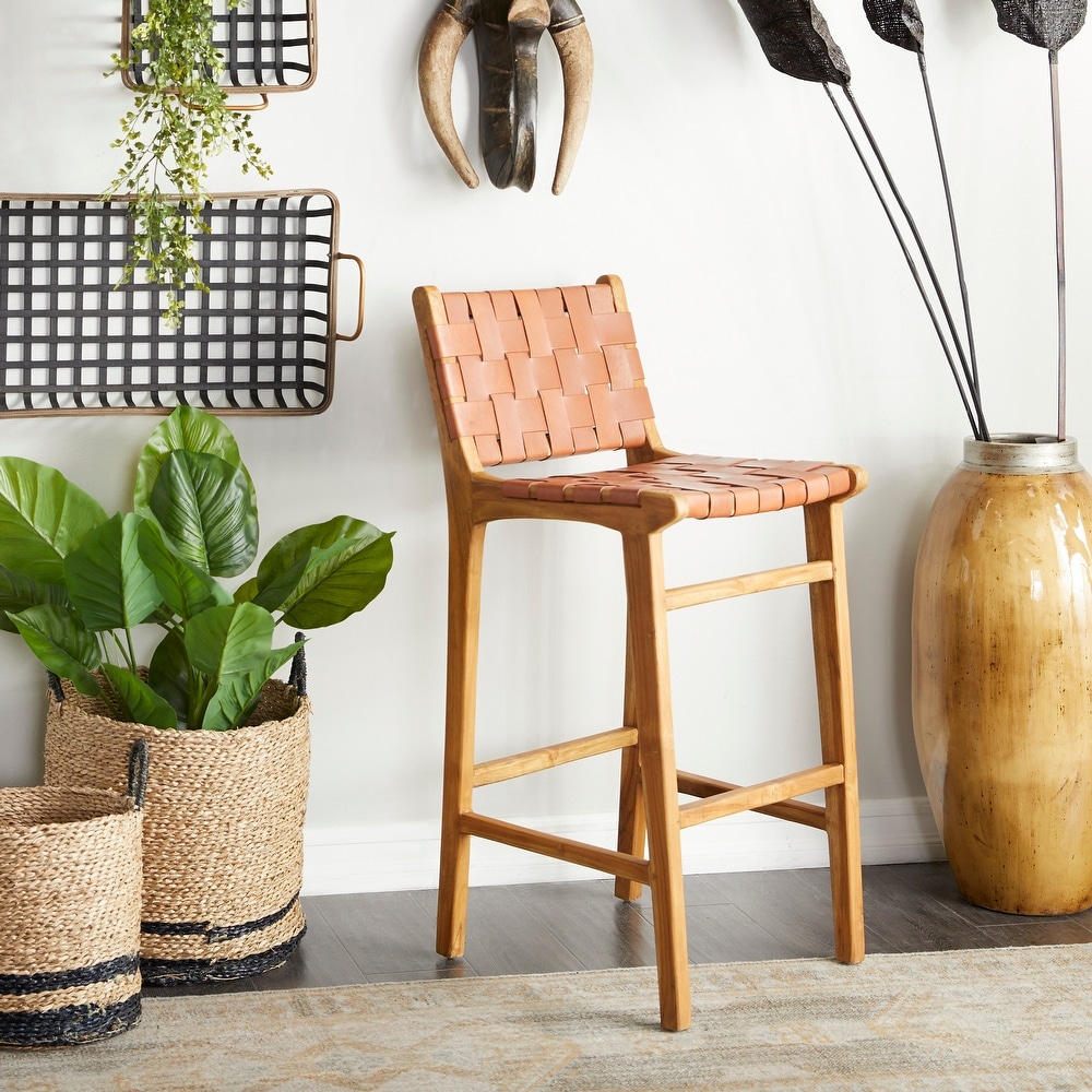 Camel Brown or Black Teak Wood Woven Leather Seat and Back Bar Stool with Beam Footrest   18 x 18 x 40