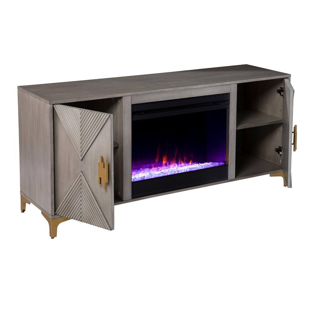 Southern Enterprises Breah 56 in. Color Changing Electric Fireplace in Graywashed and Gold HD053820