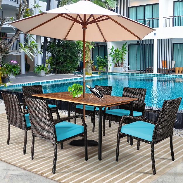 Tangkula 7 Piece Patio Dining Furniture Set Acacia Wood And Wicker Dining Table Armchairs Navy red white turquoise