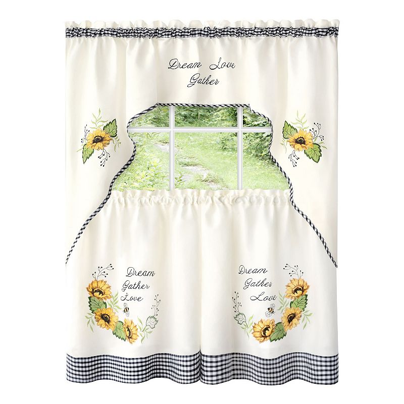 Achim 3-piece Dream， Gather， Love Sunflower Picnic Embellished Tier and Swag Window Curtain Set