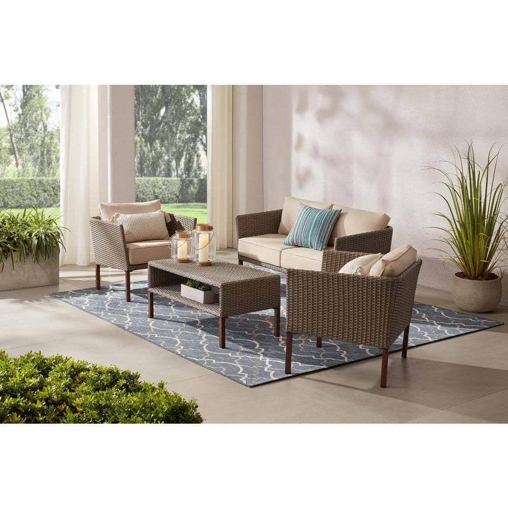 StyleWell Oakshire 4-Piece Wicker Outdoor Deep Seating Set with Tan Cushions 629