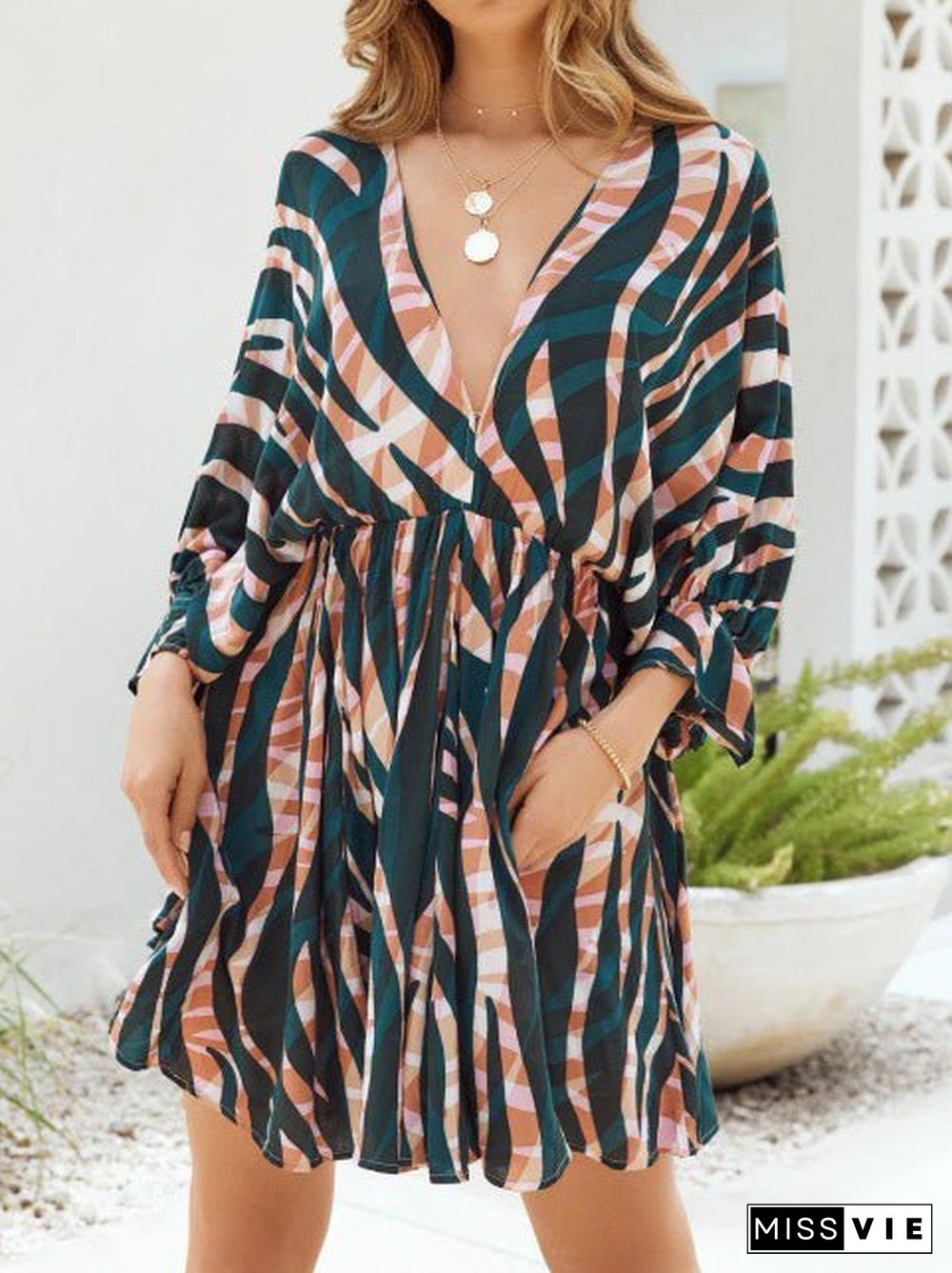 Women'S Dresses Stripe Print V-Neck Belted Long Sleeve Dress