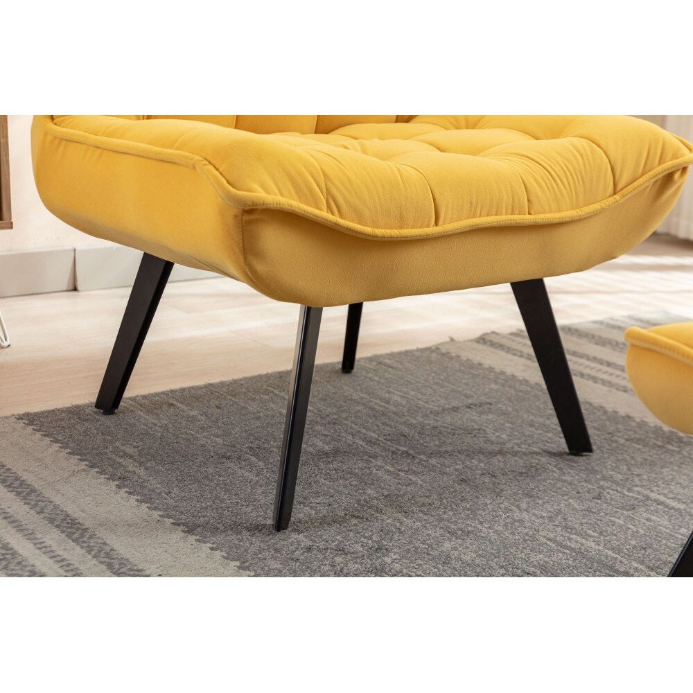 Yellow Velvet Fabric Upholstered Leisure Chair with Black Metal Legs