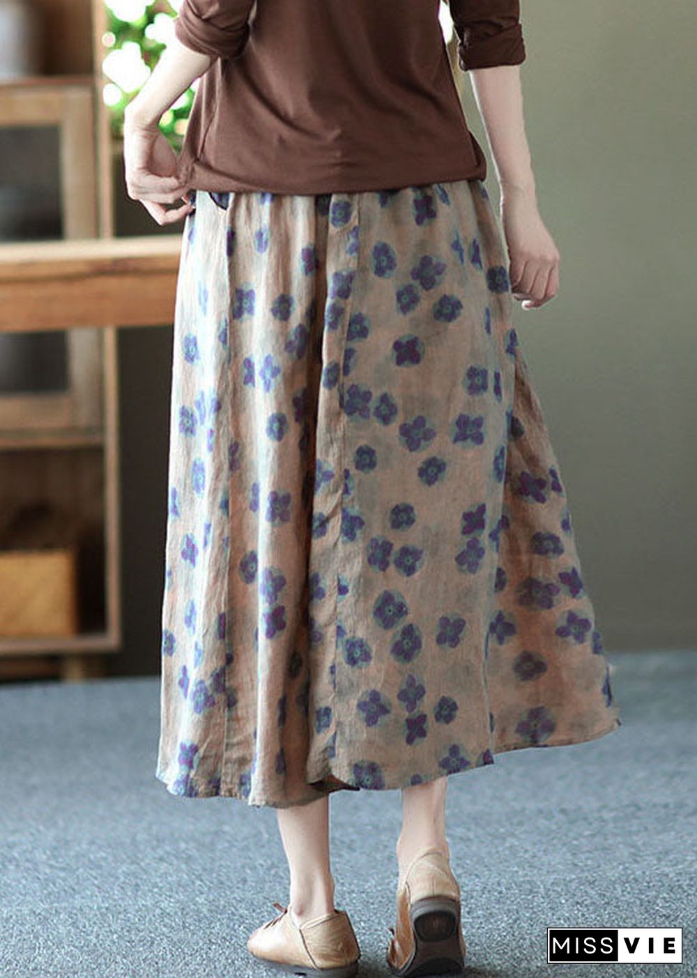 Purple Print Pockets Patchwork Linen Skirts Wrinkled Elastic Waist Summer