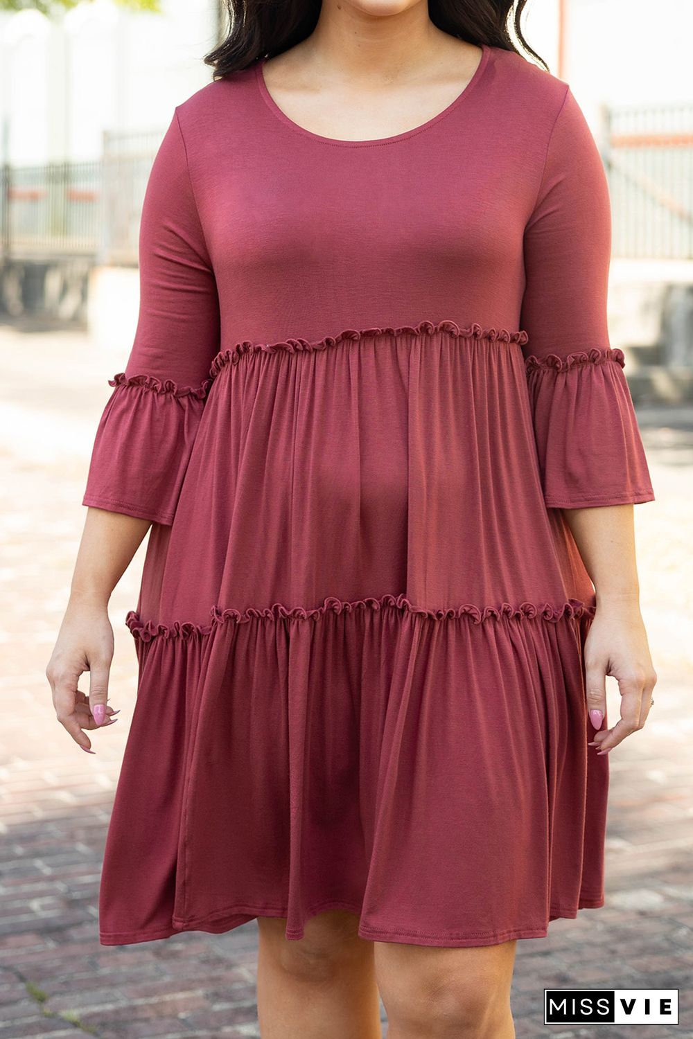 Red Tiered Ruffled 3/4 Sleeve Plus Size Dress