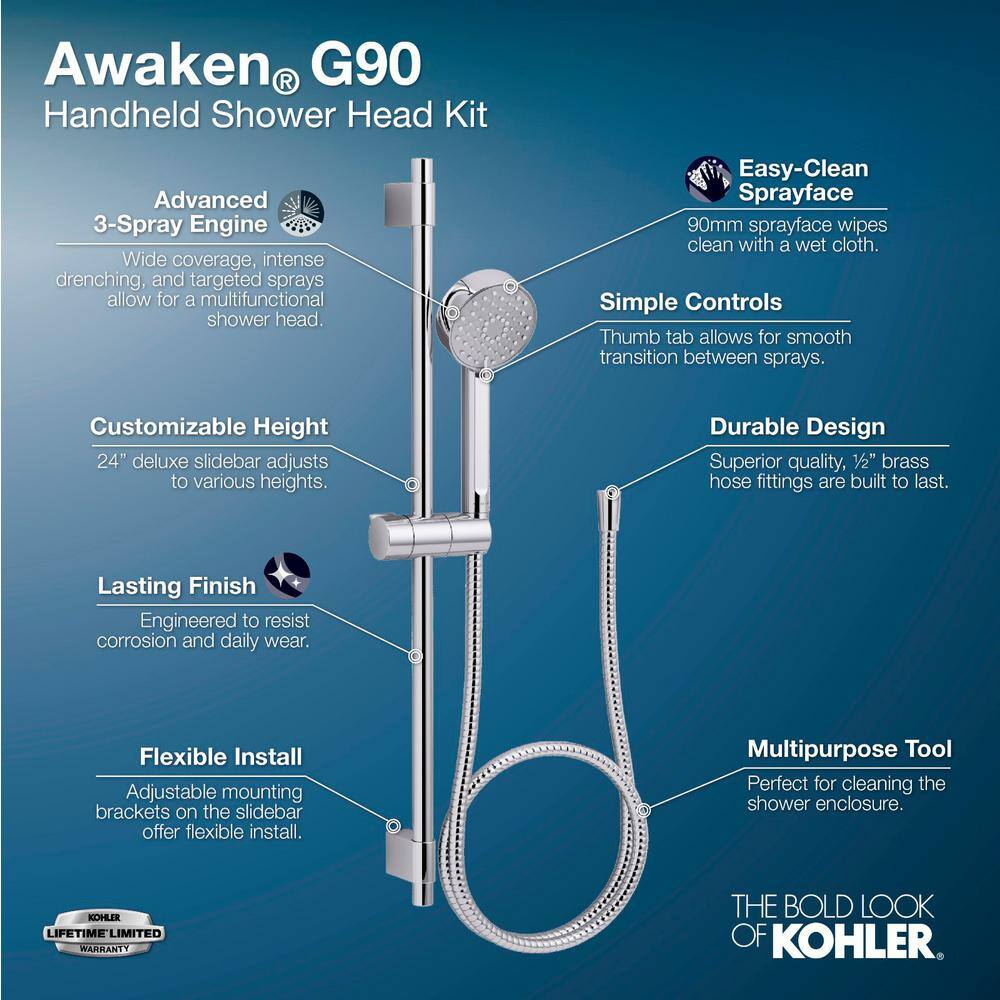 KOHLER Awaken 3-Spray Handshower Kit with Slidebar and Hose in Vibrant Brushed Nickel 98361-G-BN