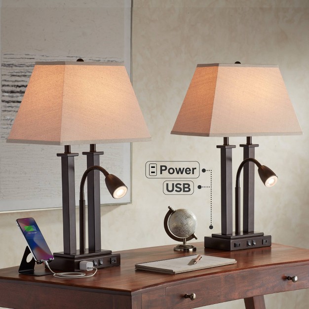 High Industrial Desk Lamps Set Of 2 Usb Port Ac Power Outlet Gooseneck Brown Bronze Finish Metal Home Office Charging