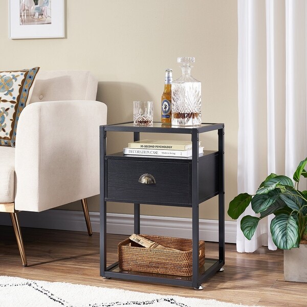 Javlergo Modern Tempered Glass Nightstand with 1-Drawer and Storage Shelf - - 36035559