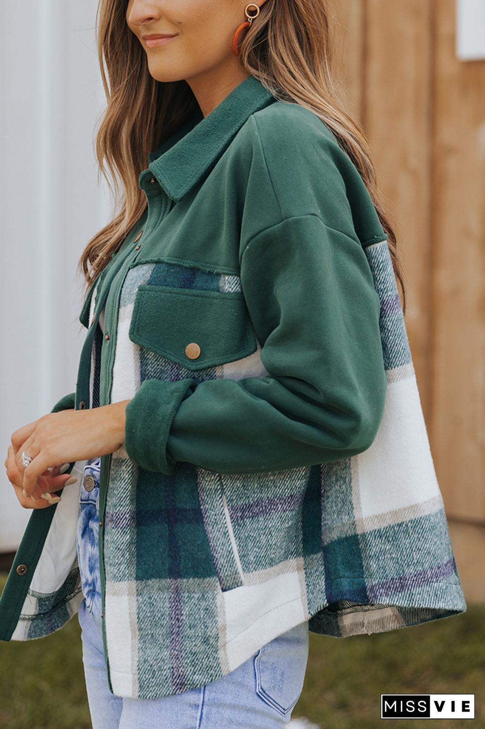 Green Snap Button Splicing Plaid Jackets