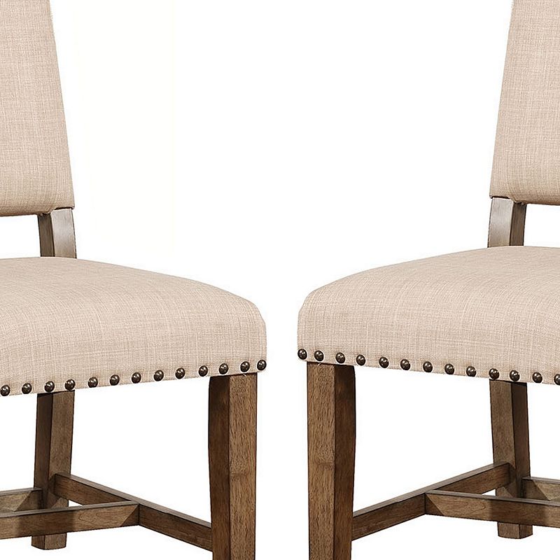 Fabric Upholstered Solid Wood Side Chair， Pack of Two， Beige and Brown