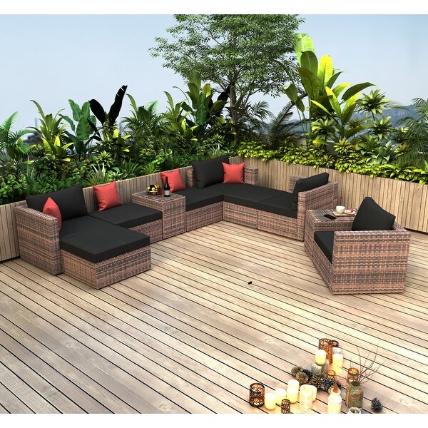 10 Pieces Outdoor Sectionals Sofa Patio Garden Brown Wicker Conversation Set with Black Cushions and Red Pillows for Poolside - Overstock - 37846946