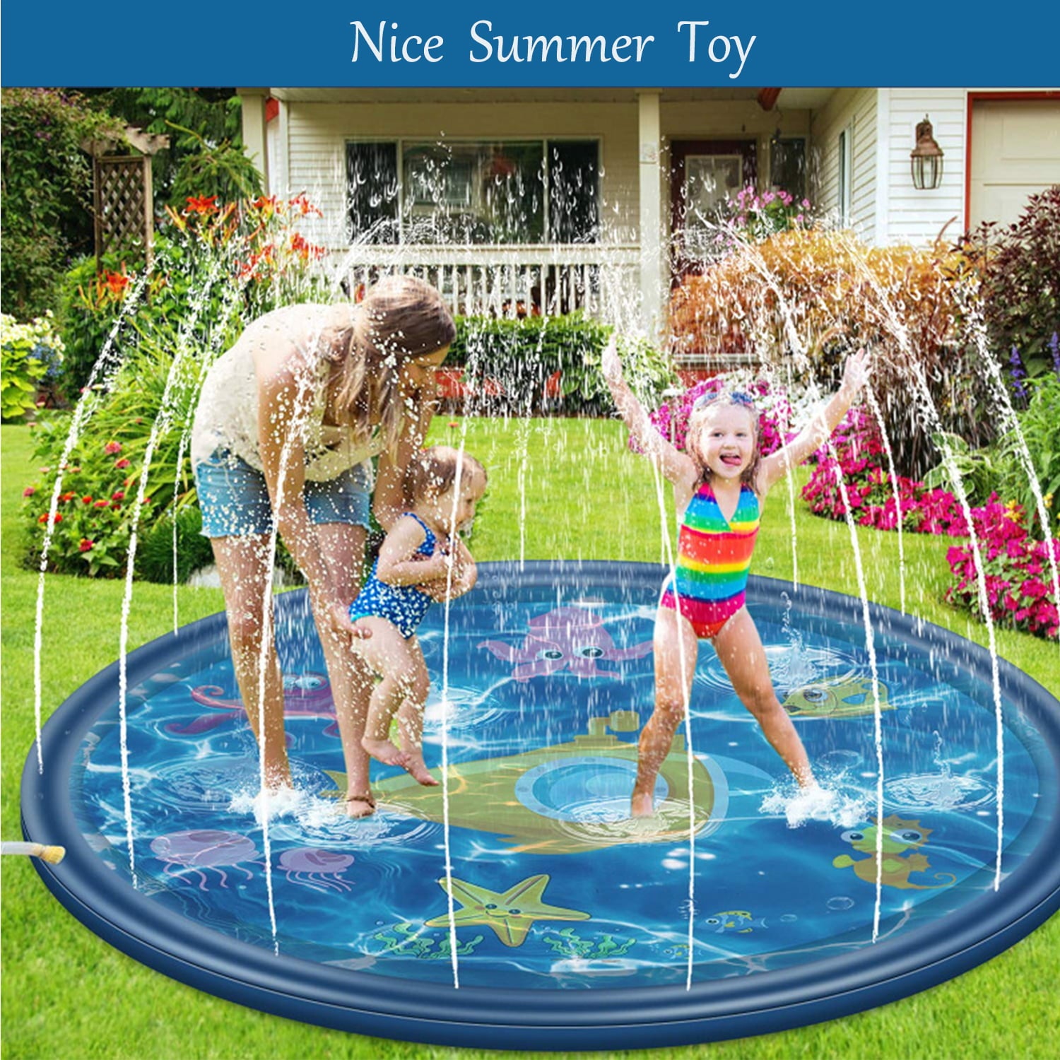 Splash Pad Sprinkler for Kids, Y2Konexi 68" Outdoor Backyard Toys Wading Pool, Dog Sprinkler Pool, Inflatable Water Summer Toys Play Mat for Babies & Toddlers - Navy Blue