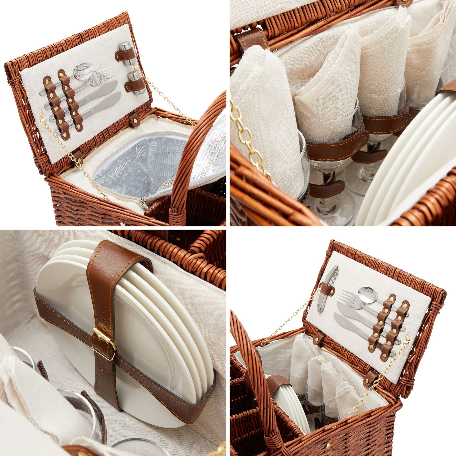 4 Person Wicker Picnic Basket Set with Utensils， Glasses， and Insulated Cooler Bag， Camping Essentials Outdoor Tableware for Family Gatherings