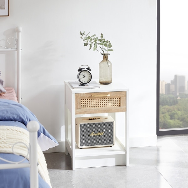 Modern Rattan End table/Side Table with 1 Drawer and 1 Open Shelf