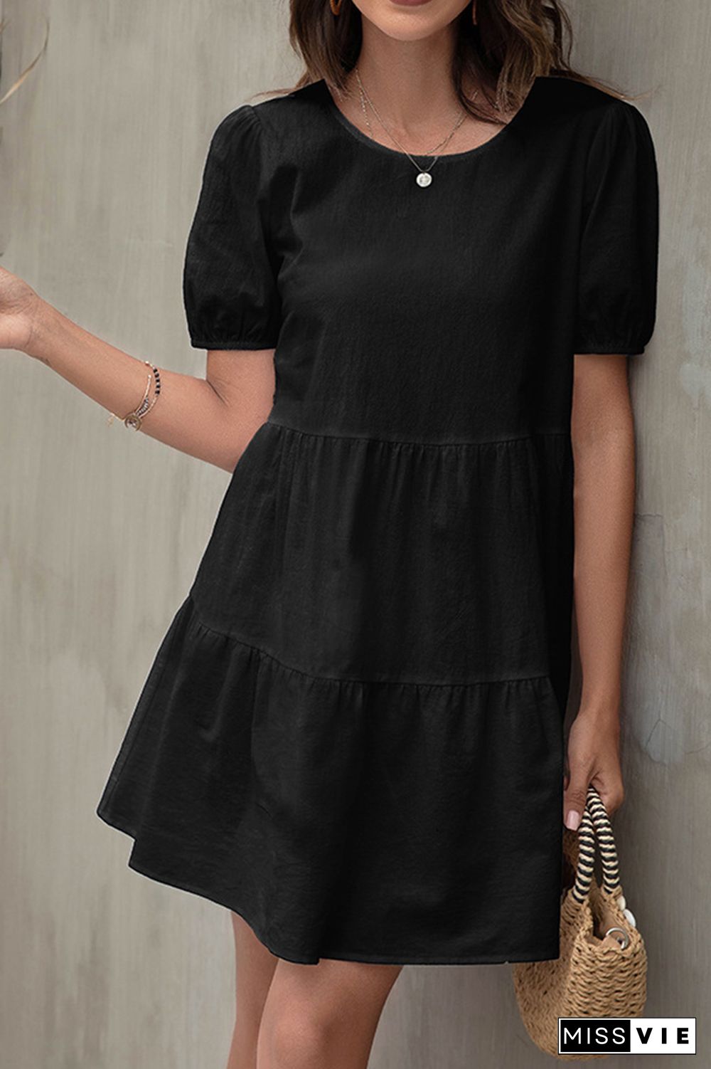 Solid Color Puff Sleeve O-neck A-line Dress Wholesale