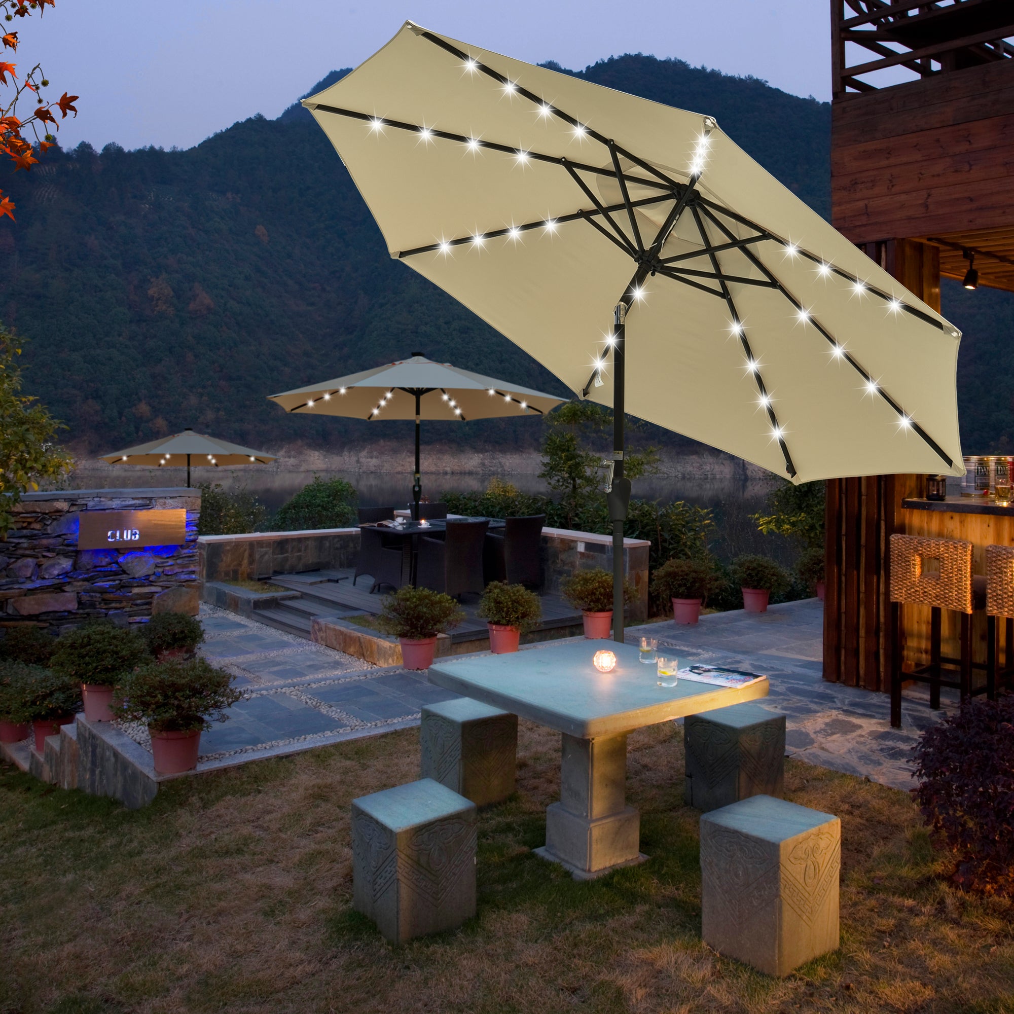 Yescom 9ft 32 Solar Powered LED Light Outdoor Patio Umbrella with 8 Rib Crank Tilt for Table Market Beach Pool Cafe Deck