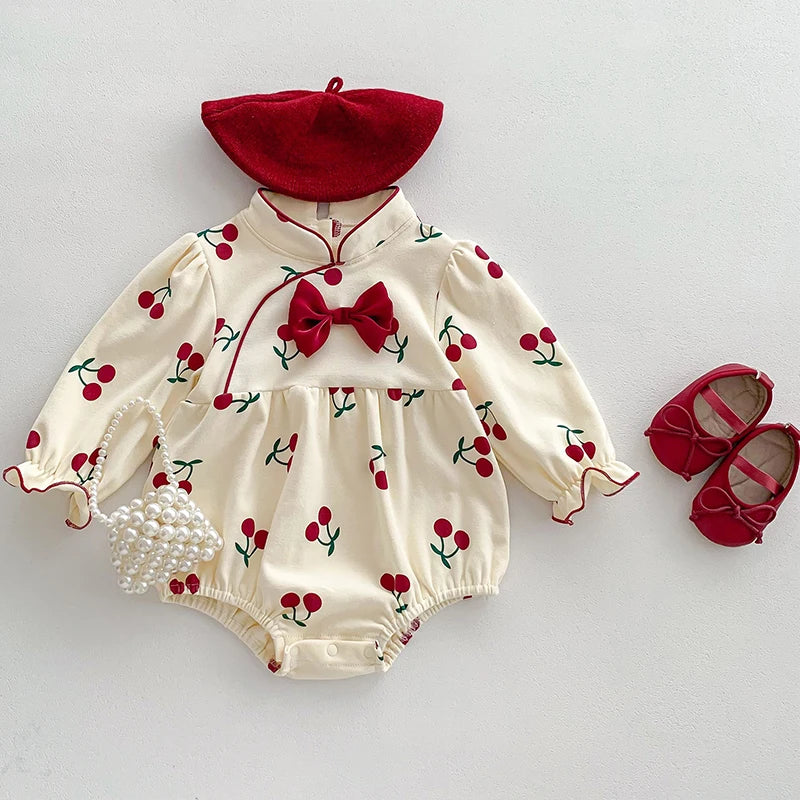 Spring Newborn Girls Romper Baby Clothes Baby Cherry Print Butterflies Long Sleeve Jumpsuit Climb Clothes Baby Cotton Clothing